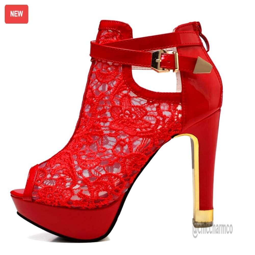 Lace Flower Ankle Boots with 4.3 Inch Heels Open Toe Design